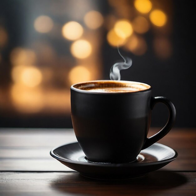 una taza de café con leche en la mesa de madera