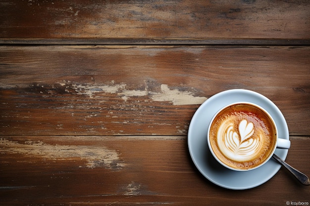 Una taza de café con leche en una mesa de madera