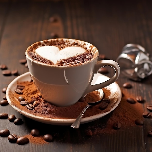 taza de café con leche con una pizca de chocolate en polvo en forma de corazón