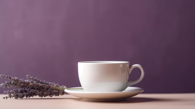 Una taza de café con leche y plato con una flor de lavanda en el lateral.