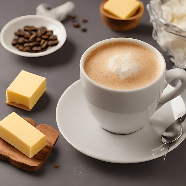 Foto una taza de café con leche y queso en una mesa