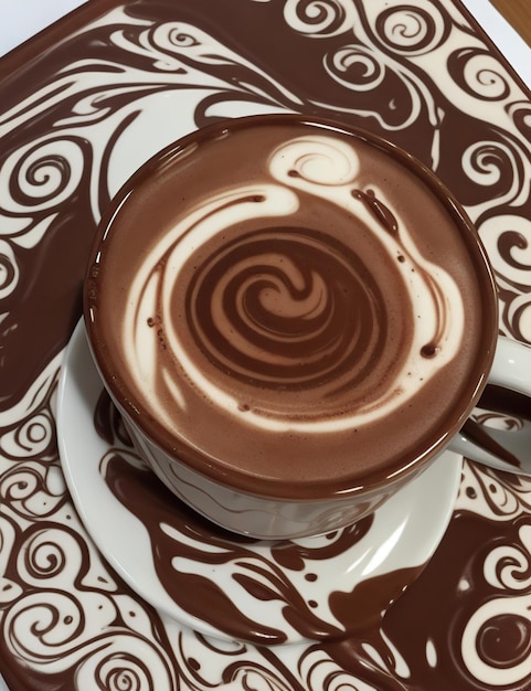 Taza de café con leche y remolinos de chocolate de arte de espuma cremosa