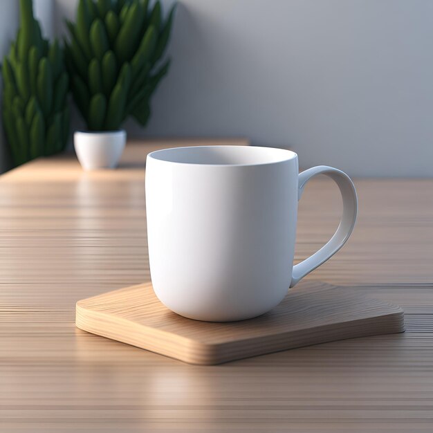 Una taza de café con leche se sienta en una mesa de madera frente a una planta.