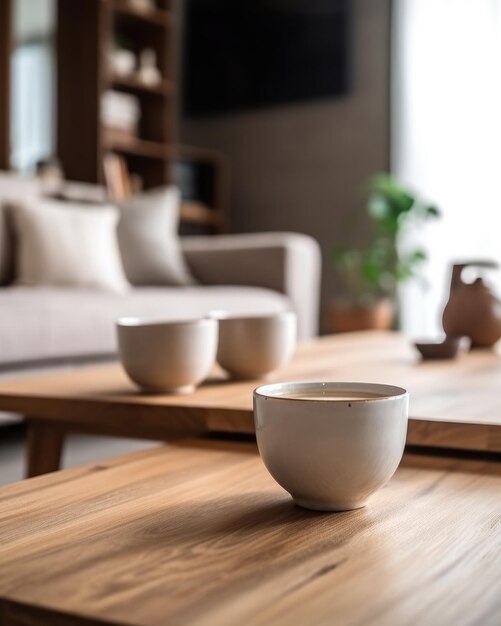 Una taza de café con leche se sienta en una mesa de madera con el telón de fondo de la sala IA generativa