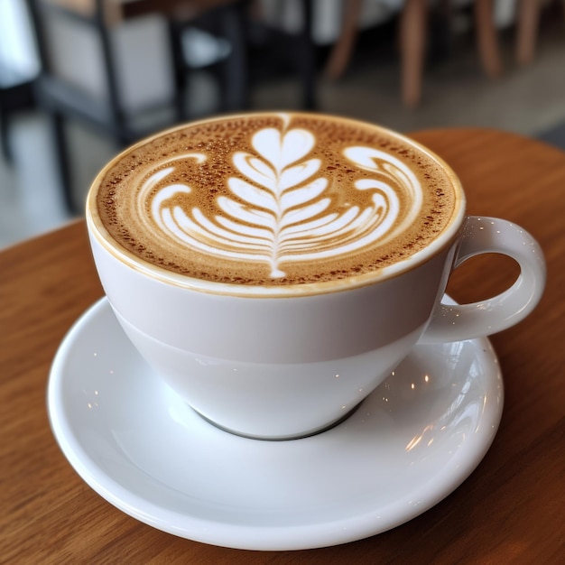 Una taza de café con leche se sienta en una mesa en un restaurante.