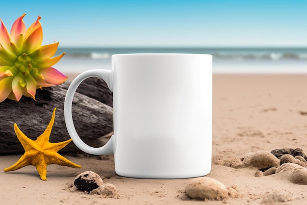 Una taza de café con leche se sienta en una playa con flores rosas