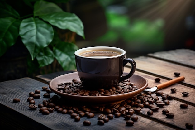 Taza de café con leche sobre un fondo oscuro Café con leche caliente o capuchino preparado con leche sobre una mesa de madera