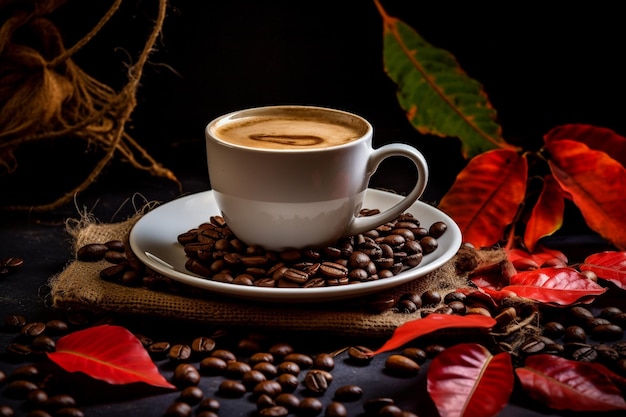 Taza de café con leche sobre un fondo oscuro Café con leche caliente o capuchino preparado con leche sobre una mesa de madera