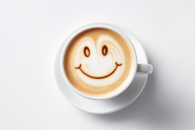 Taza de café con leche con sonriente café con leche arte café caliente Capuchino arte blanco fondo aislado