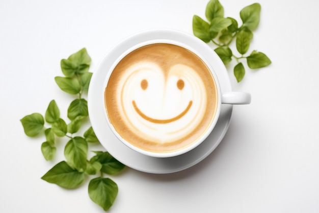 Taza de café con leche con sonriente café con leche arte café caliente Capuchino arte blanco fondo aislado