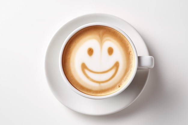 Taza de café con leche con sonriente café con leche arte café caliente Capuchino arte blanco fondo aislado