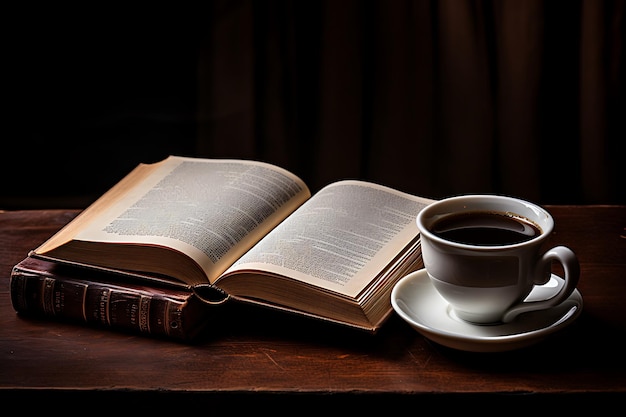 Taza de café y libro ángulo alto
