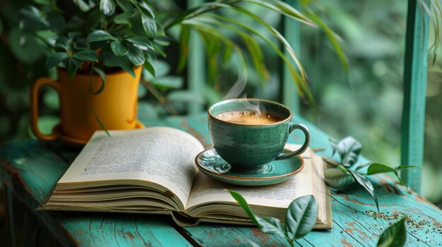 taza de café con un libro cerca de la vegetación interior