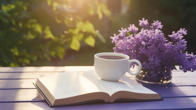 Taza de café con libro y flores de Lilly Ilustración AI GenerativexA