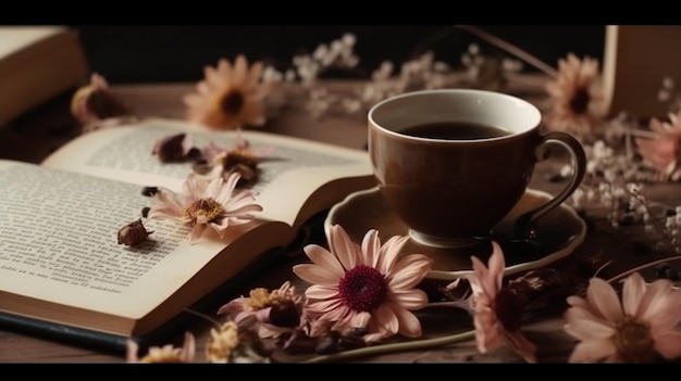 Una taza de café y un libro con flores.