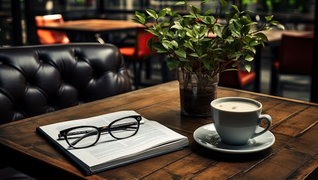 Taza de café con libro y gafas en la mesa de madera