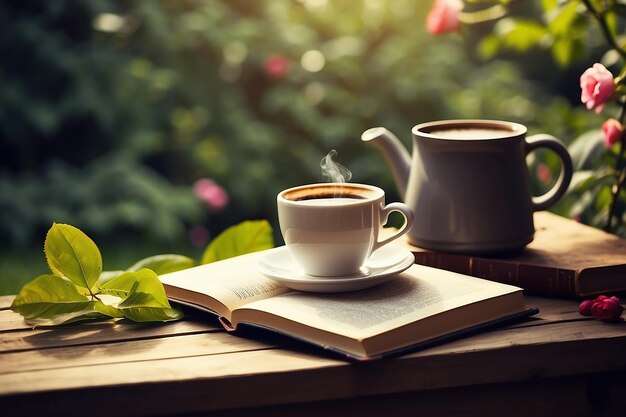 Taza de café y libro Leer en el jardín libro