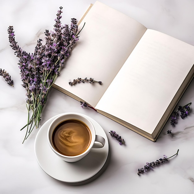 una taza de café y un libro con un libro en la mesa