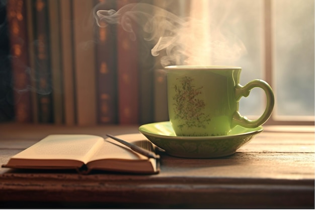 Taza de café y libro en la mesa de madera con fondo de ventana