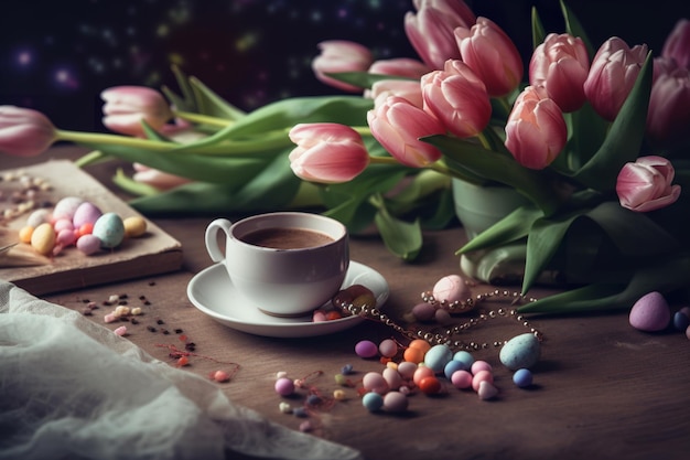 Una taza de café y un libro con un montón de coloridos tulipanes.
