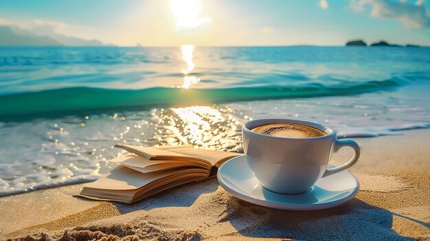 una taza de café y un libro en una playa con el mar en el fondo