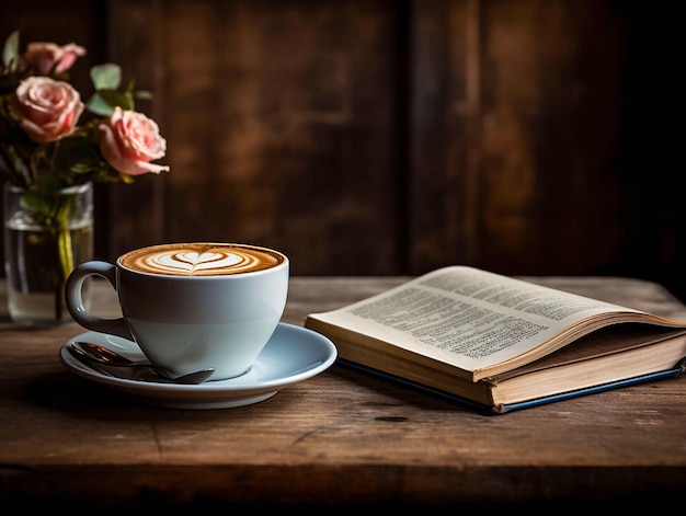 Taza de café y libro sobre mesa de madera Concepto de día mundial del café generado ia