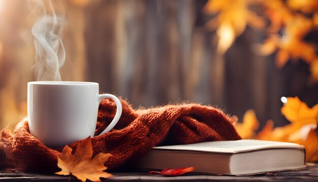 Taza de café con libros, hojas de otoño y bufanda tejida sobre fondo de madera Ai Generado