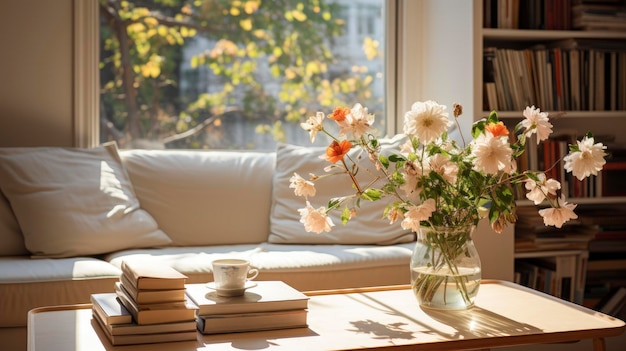 una taza de café y libros en una mesa de café