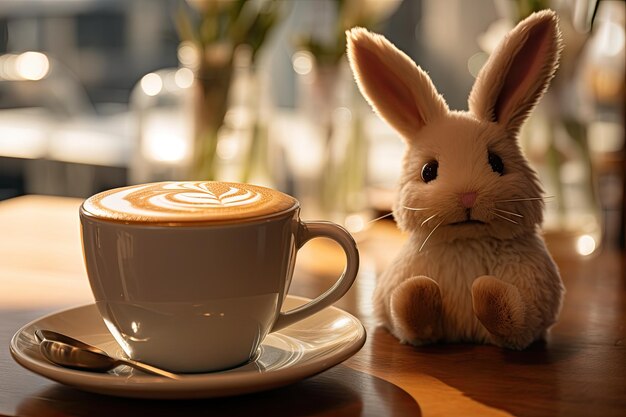 Taza de café con un lindo conejito en la mesa del primer plano de una cafetería Conejito de pascua de chocolate sentado junto a un café con leche generado por IA