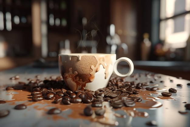 Una taza de café con un líquido salpicó.