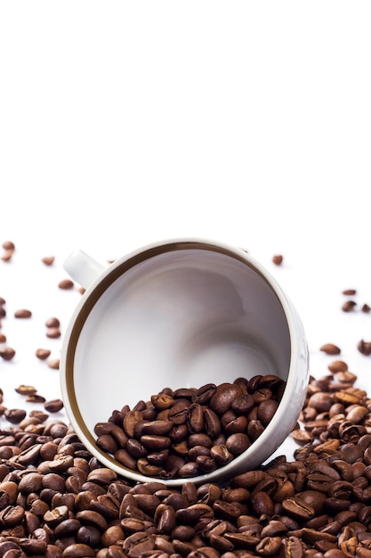 Taza de café llena de granos de café tostados sobre fondo blanco.