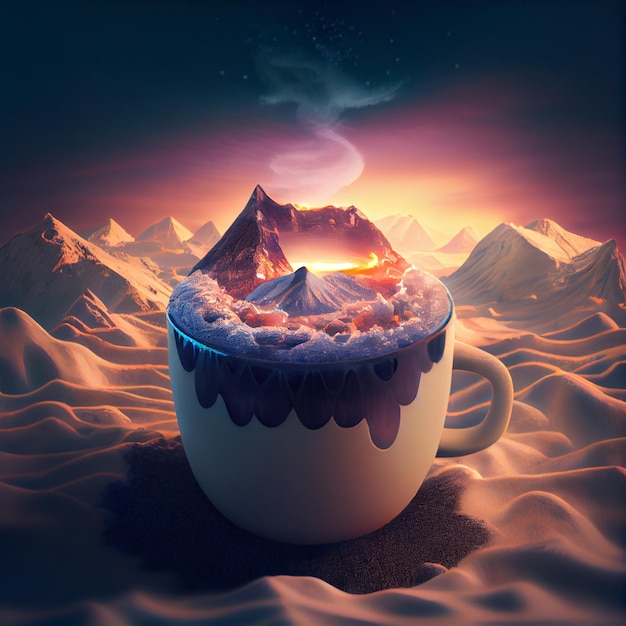 una taza de café llena de montaña nevando y puesta de sol