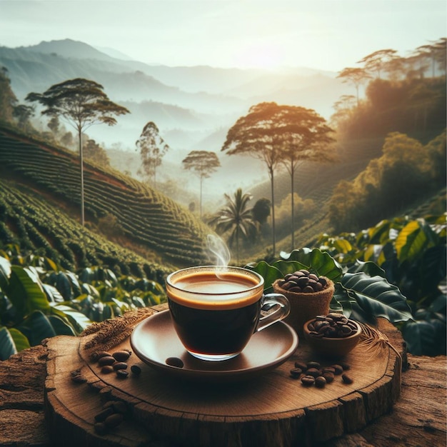 Foto una taza de café local con una plantación de café en el fondo