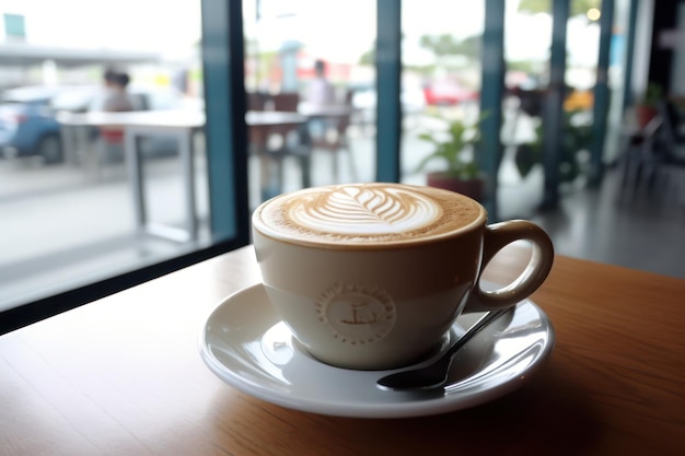 Una taza de café con el logo