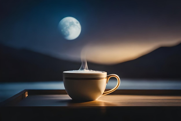 una taza de café con la luna en el fondo.