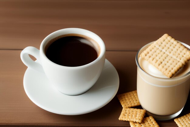 Una taza de café con un malvavisco junto a una taza de café y un vaso de leche.