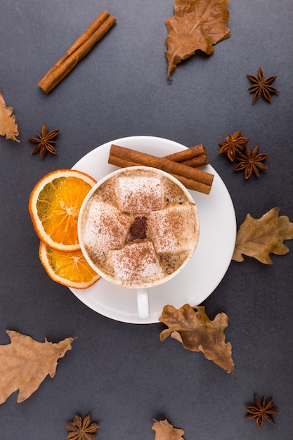 Taza de café con malvaviscos y cacao, hojas, naranjas secas, canela y anís estrellado, fondo de piedra gris. Sabrosa bebida caliente de otoño. copyspace