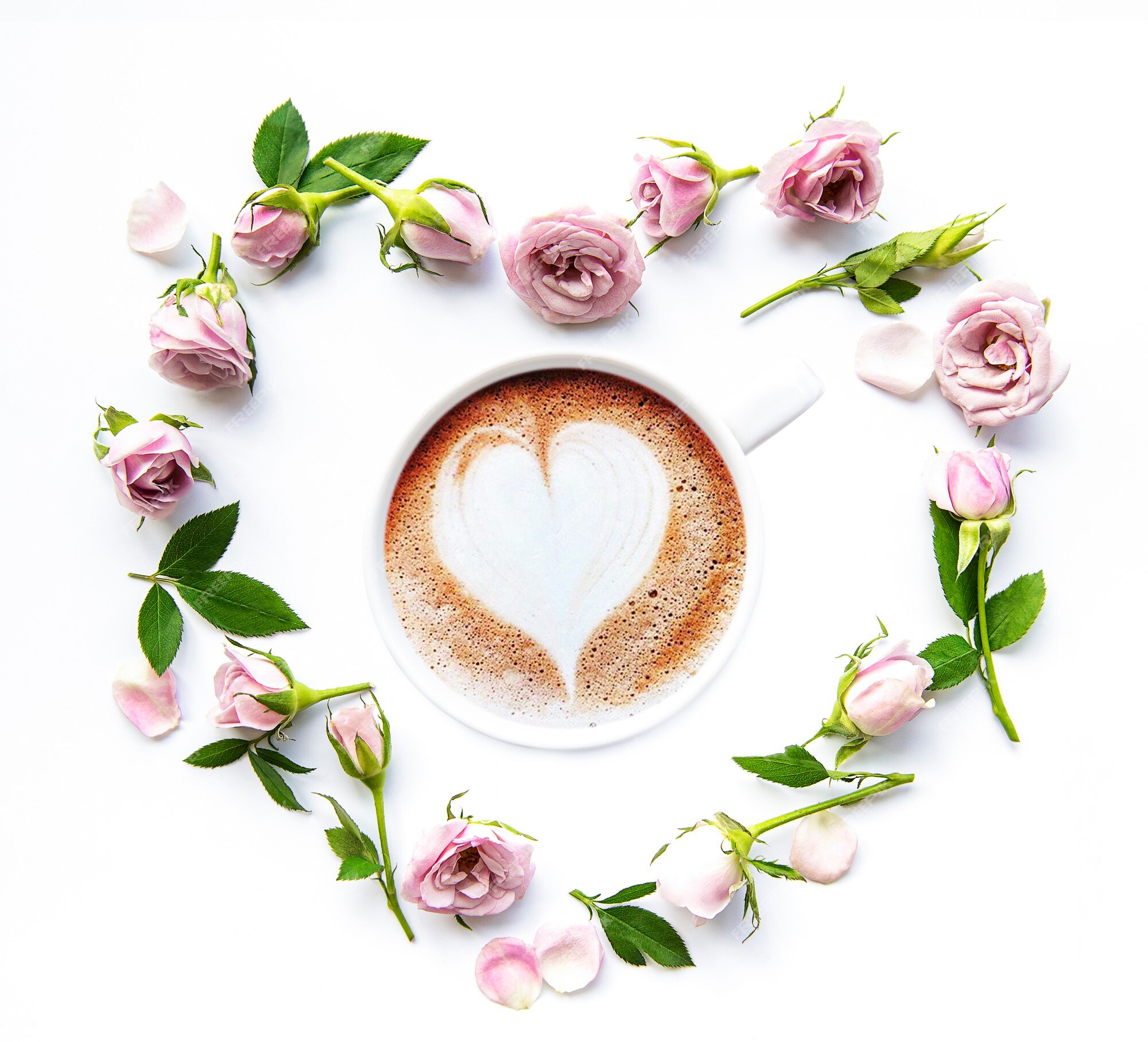 Taza de café por la mañana y hermosas flores rosas sobre un fondo blanco. | Foto Premium Taza de café por la mañana y hermosas flores rosas sobre un fondo blanco. | Foto Premium