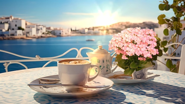 'taza de café por la mañana junto al mar en Portofino complejo romántico en vacaciones de verano