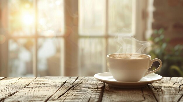 Taza de café de la mañana en una mesa de madera