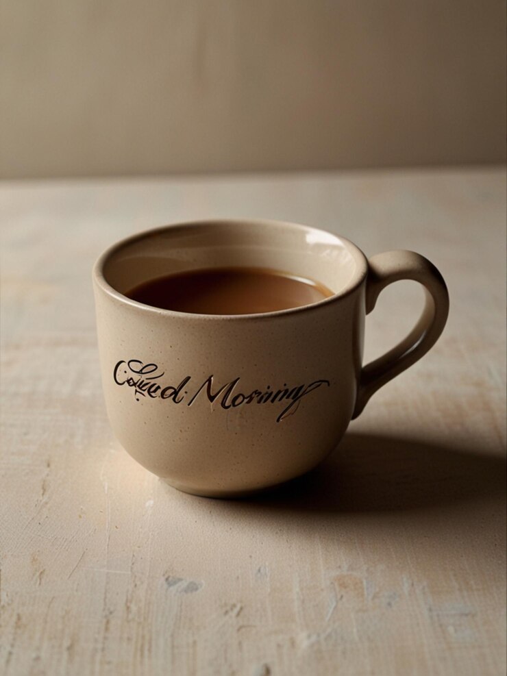 una taza de café de la mañana con las palabras mañana en el lado