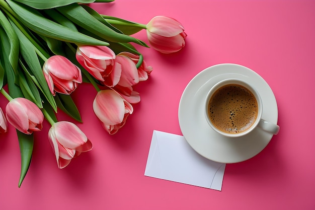 Taza de café de la mañana con un ramo de tulipanes en un fondo claro Bebida caliente con flores de primavera