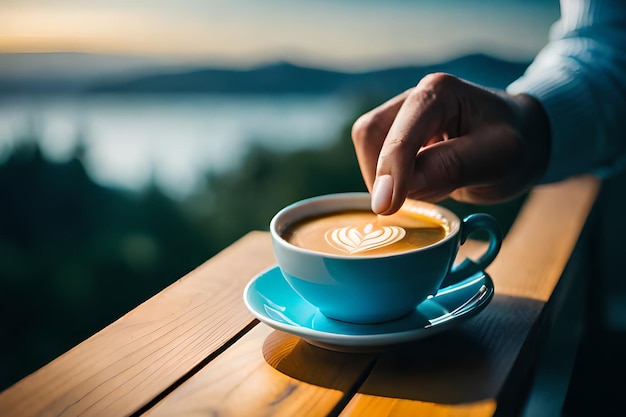 Una taza de café con una mano en la espuma.