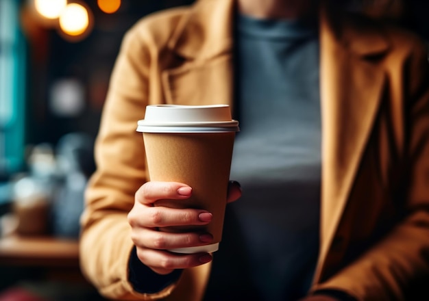 Una taza de café en las manos de una chica lugar para la etiqueta bebidas calientes con usted en el camino