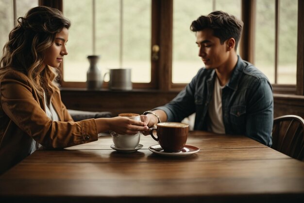 Una taza de café en las manos de un hombre y una mujer