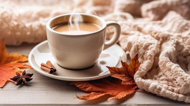 Una taza de café, una manta tejida y hojas de otoño sobre un fondo de madera blanco suave