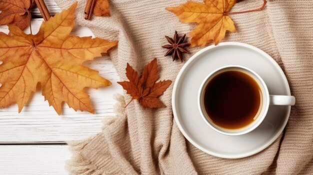 Una taza de café, una manta tejida y hojas de otoño sobre un fondo de madera blanco suave