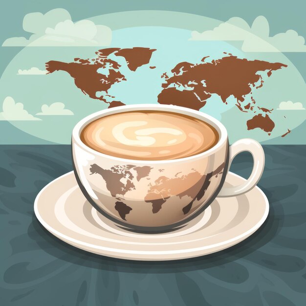 taza de café con mapa del mundo en la ilustración de vector de fondo