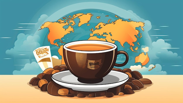 Foto una taza de café con un mapa del mundo en la ilustración vectorial de fondo