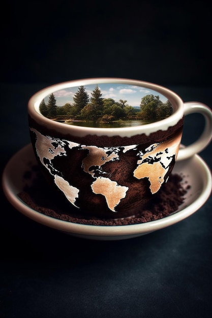 Una taza de café con un mapa del mundo en la parte superior.